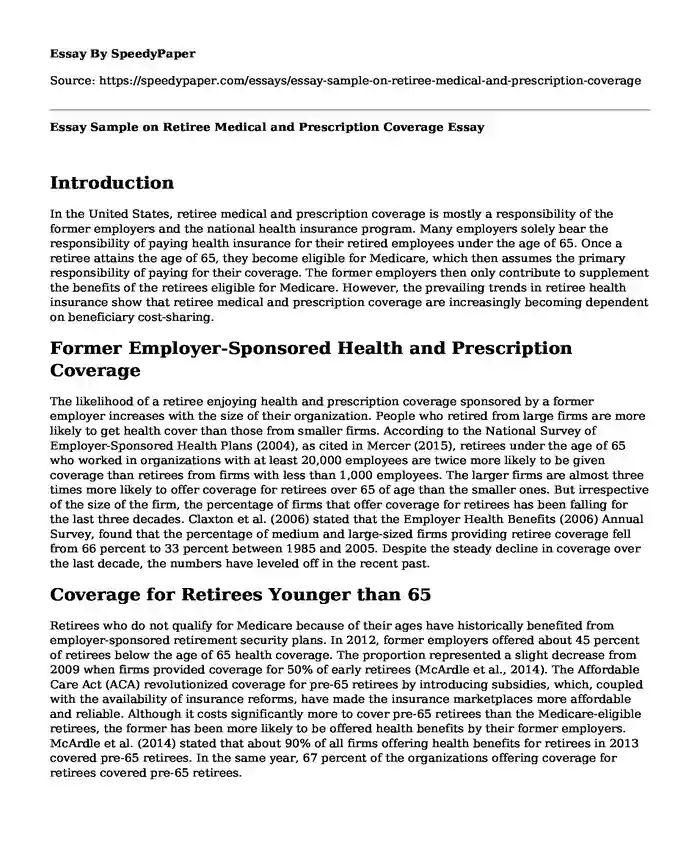 Essay Sample on Retiree Medical and Prescription Coverage