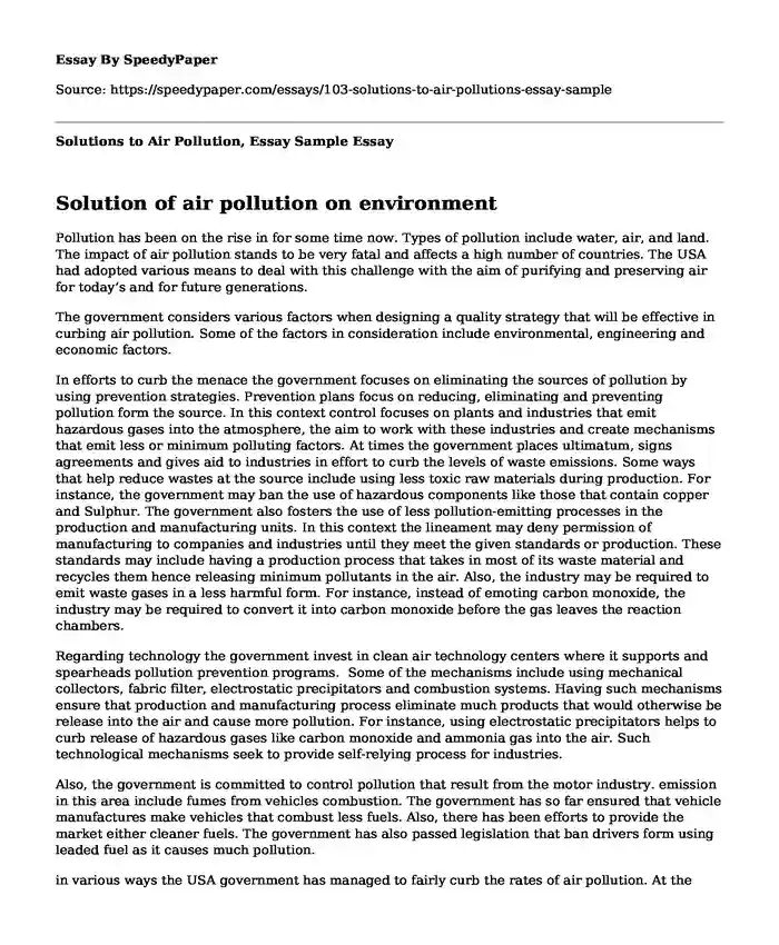 Solutions to Air Pollution, Essay Sample