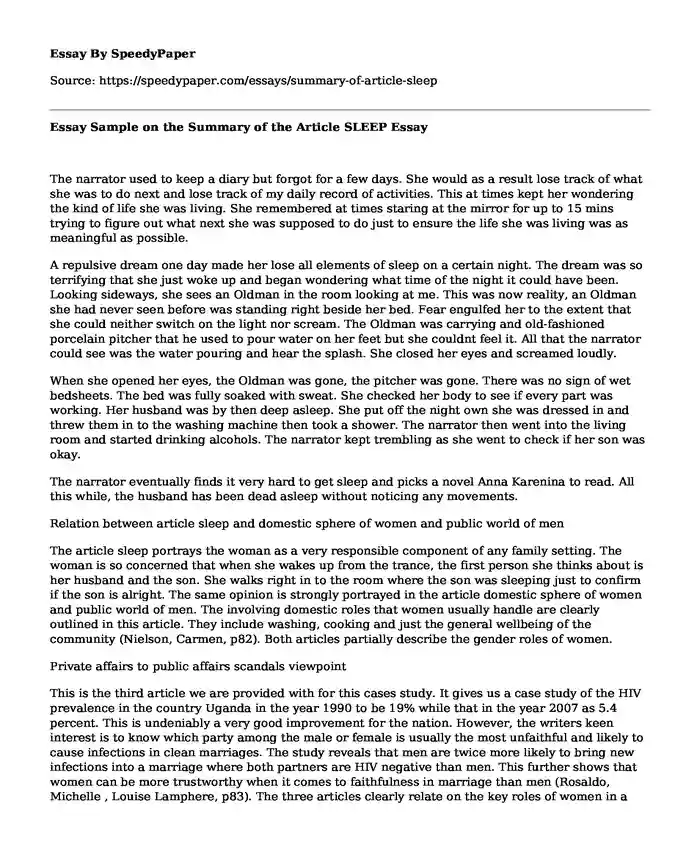 Essay Sample on the Summary of the Article SLEEP
