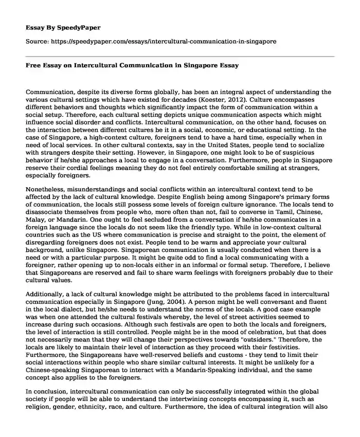 Free Essay on Intercultural Communication in Singapore