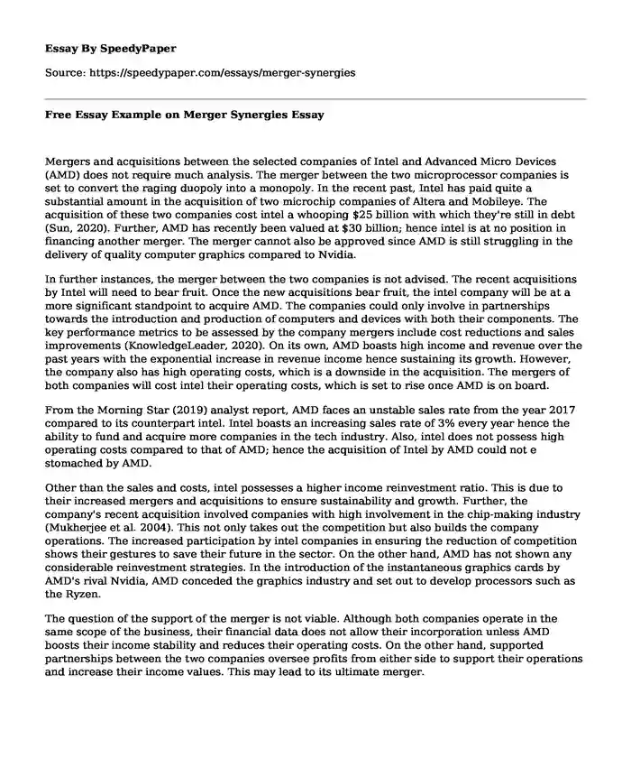 Free Essay Example on Merger Synergies