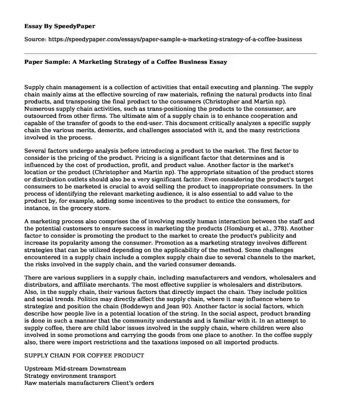 Paper Sample: A Marketing Strategy of a Coffee Business