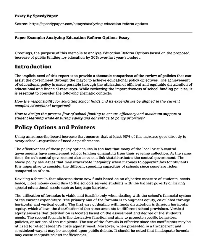 Paper Example: Analyzing Education Reform Options