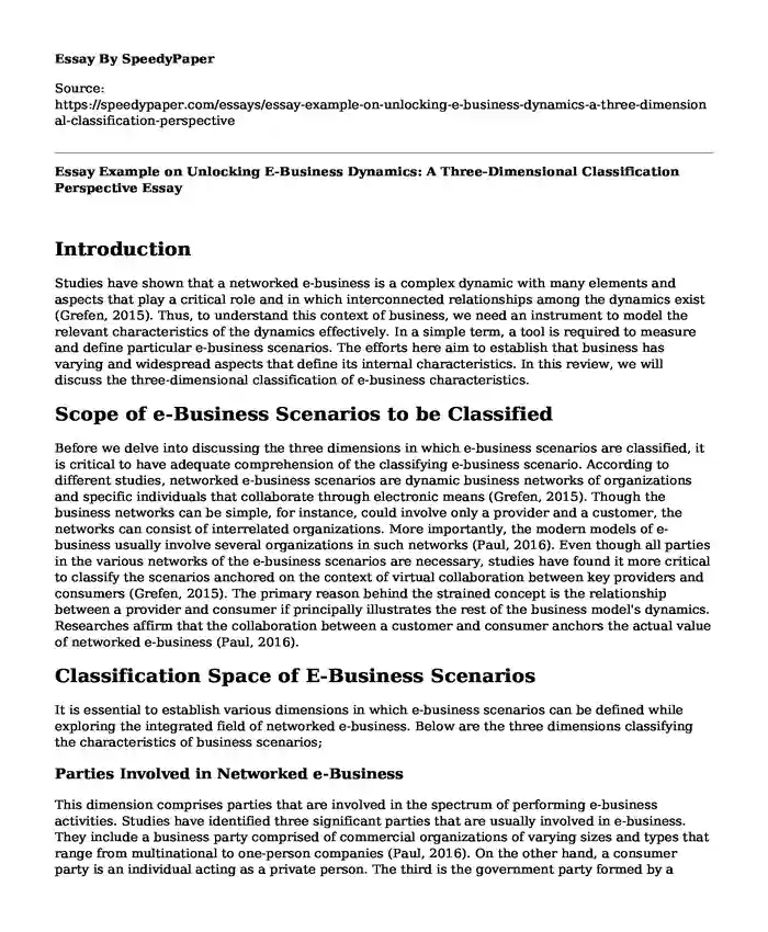 Essay Example on Unlocking E-Business Dynamics: A Three-Dimensional Classification Perspective