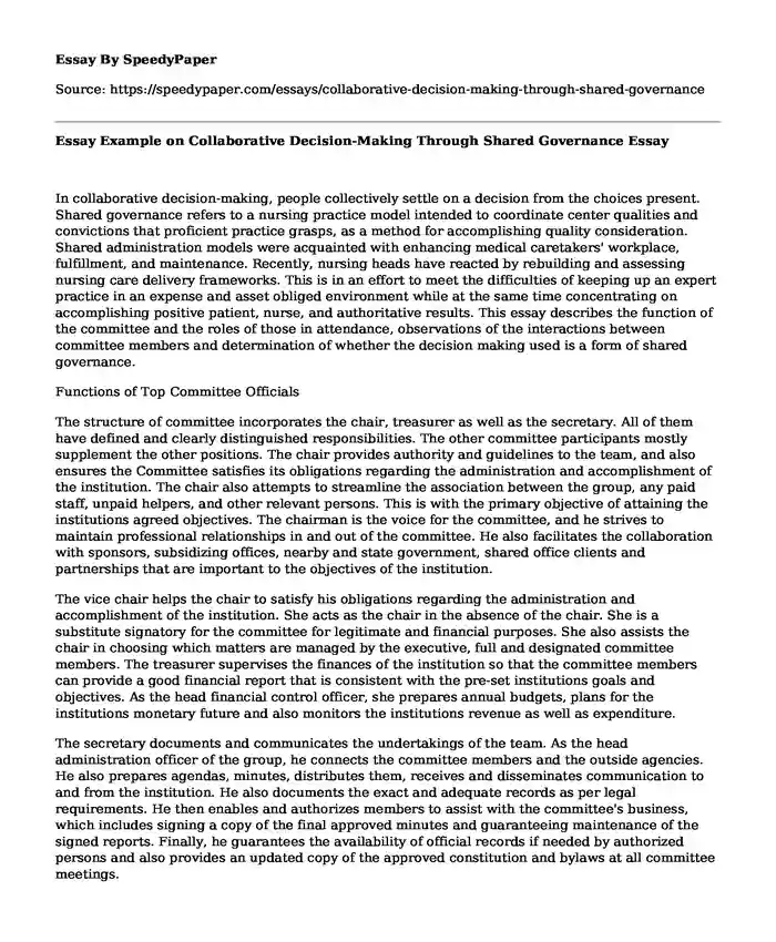 Essay Example on Collaborative Decision-Making Through Shared Governance