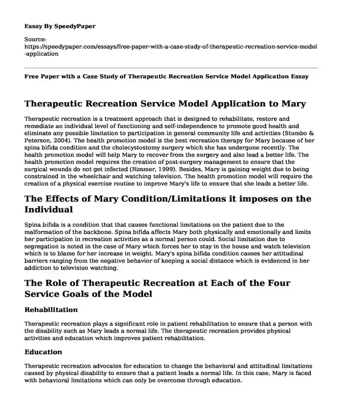 Free Paper with a Case Study of Therapeutic Recreation Service Model Application