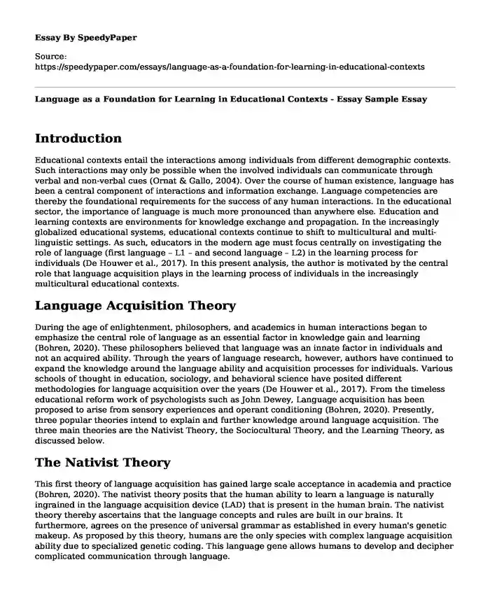 Language as a Foundation for Learning in Educational Contexts - Essay Sample