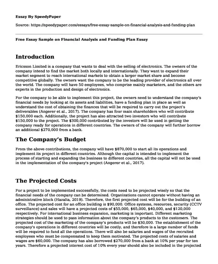 Free Essay Sample on Financial Analysis and Funding Plan