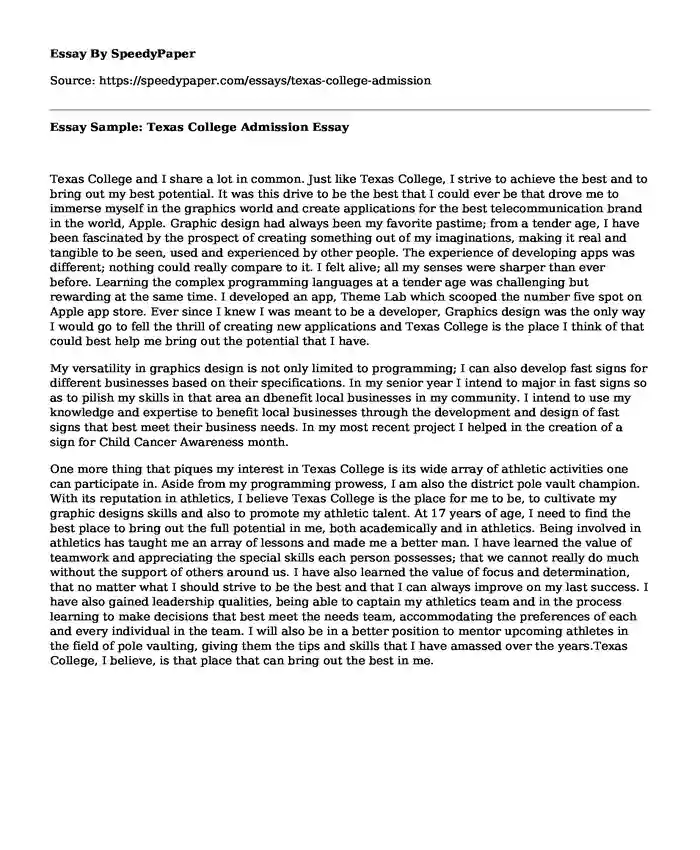 Essay Sample: Texas College Admission