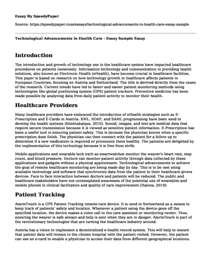 Technological Advancements in Health Care - Essay Sample
