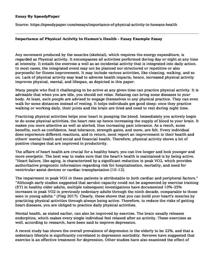 Importance of Physical Activity in Human's Health - Essay Example