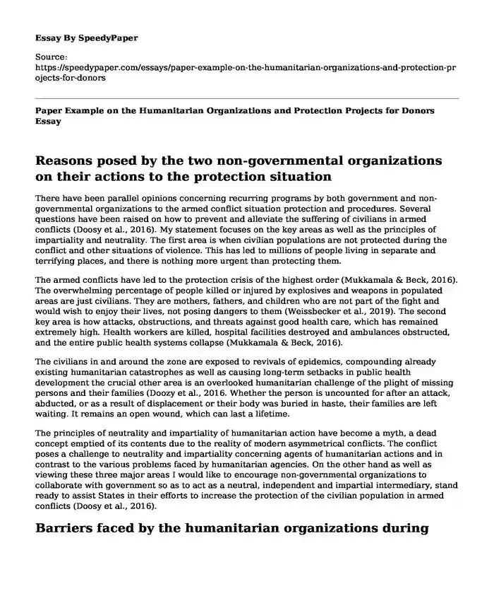 Paper Example on the Humanitarian Organizations and Protection Projects for Donors