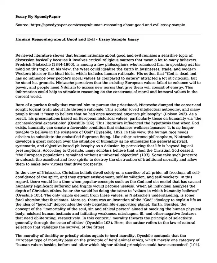 Human Reasoning about Good and Evil - Essay Sample
