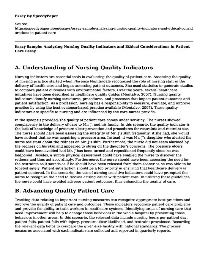 Essay Sample: Analyzing Nursing Quality Indicators and Ethical Considerations in Patient Care