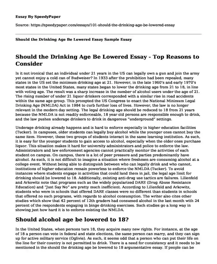 Should the Drinking Age Be Lowered Essay Sample