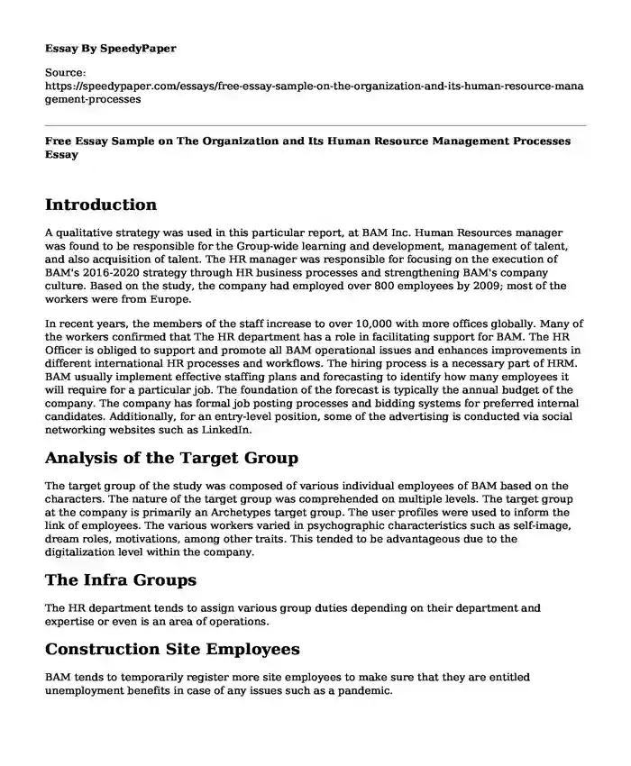 Free Essay Sample on The Organization and Its Human Resource Management Processes
