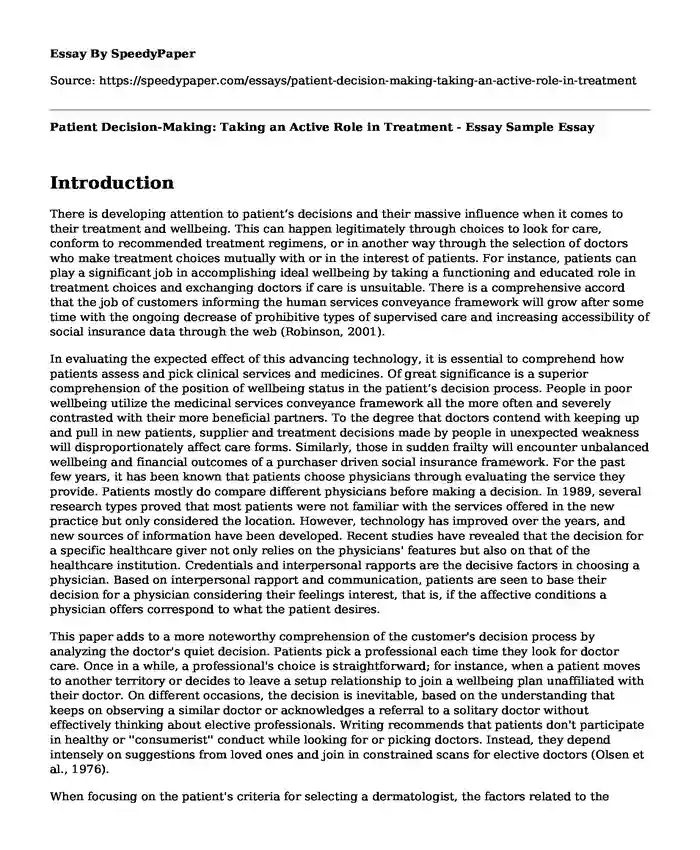 Patient Decision-Making: Taking an Active Role in Treatment - Essay Sample