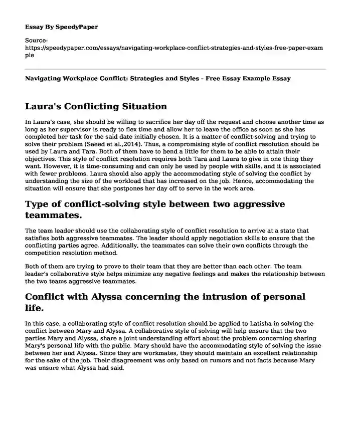 Navigating Workplace Conflict: Strategies and Styles - Free Essay Example