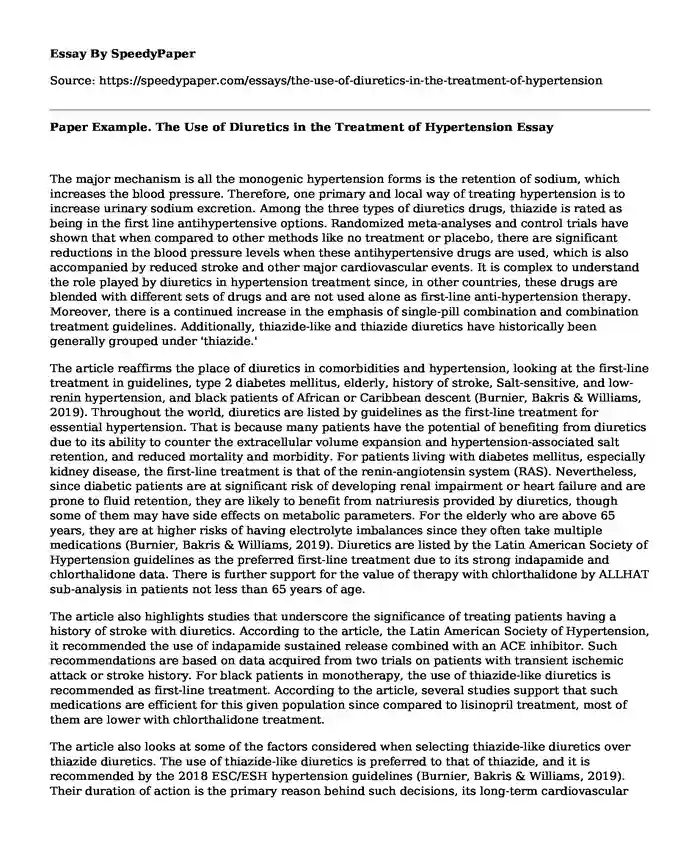 Paper Example.  The Use of Diuretics in the Treatment of Hypertension