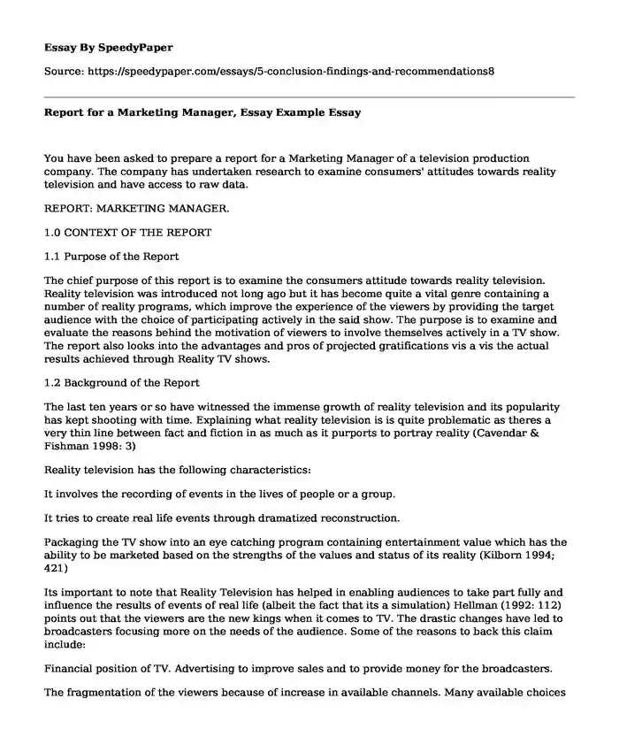 Report for a Marketing Manager, Essay Example