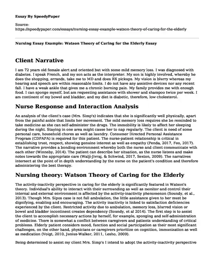 Nursing Essay Example: Watson Theory of Caring for the Elderly