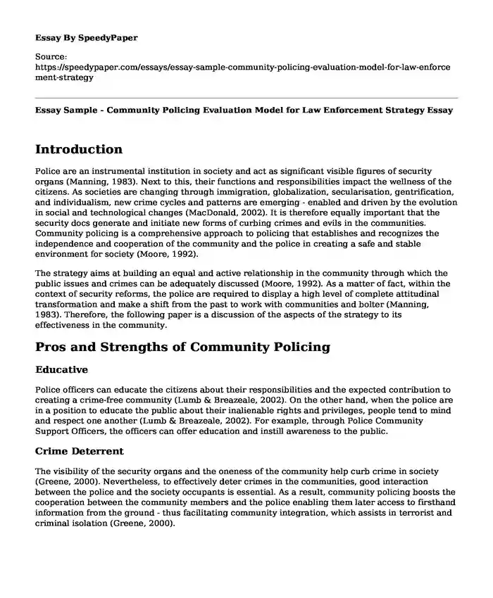 Essay Sample - Community Policing Evaluation Model for Law Enforcement Strategy