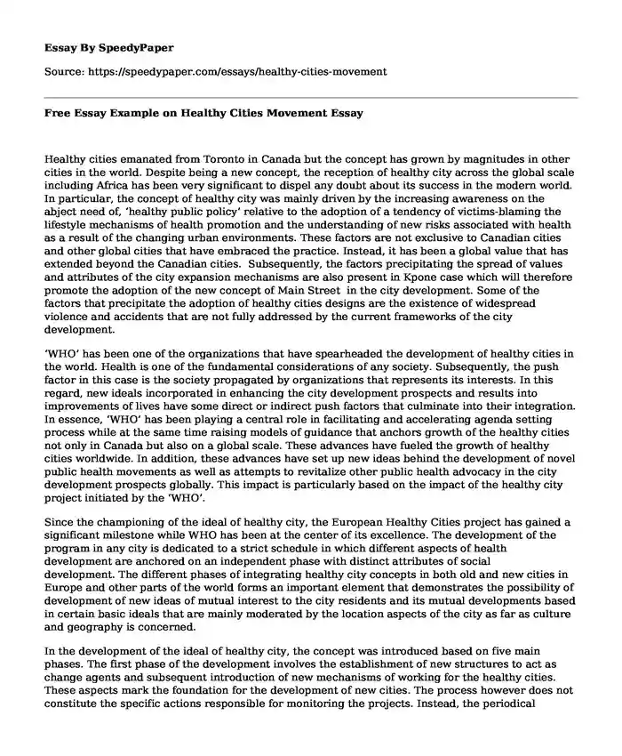 Free Essay Example on Healthy Cities Movement