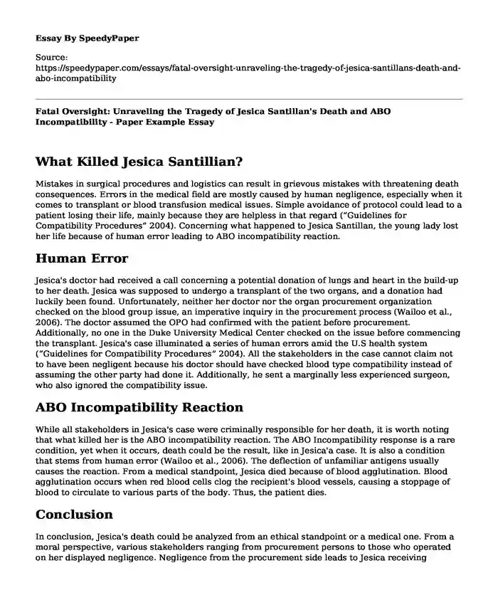 Fatal Oversight: Unraveling the Tragedy of Jesica Santillan's Death and ABO Incompatibility - Paper Example