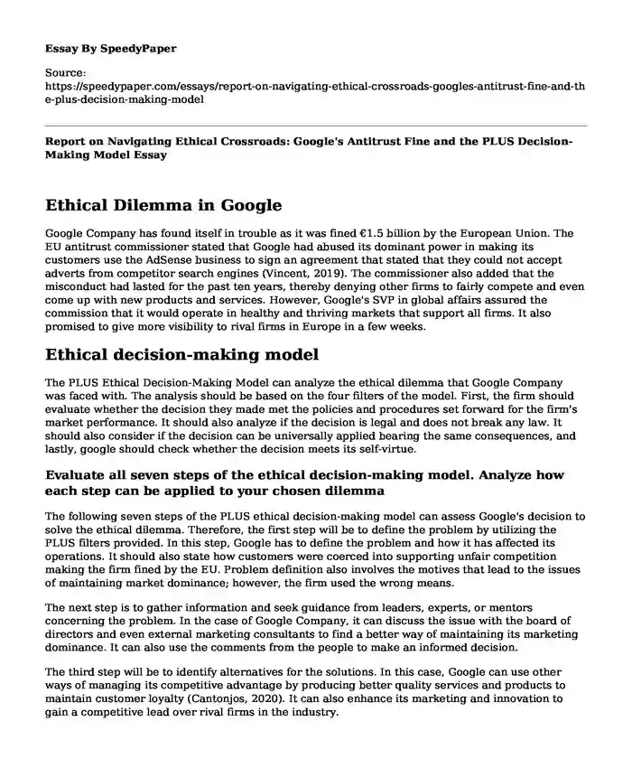 Report on Navigating Ethical Crossroads: Google's Antitrust Fine and the PLUS Decision-Making Model