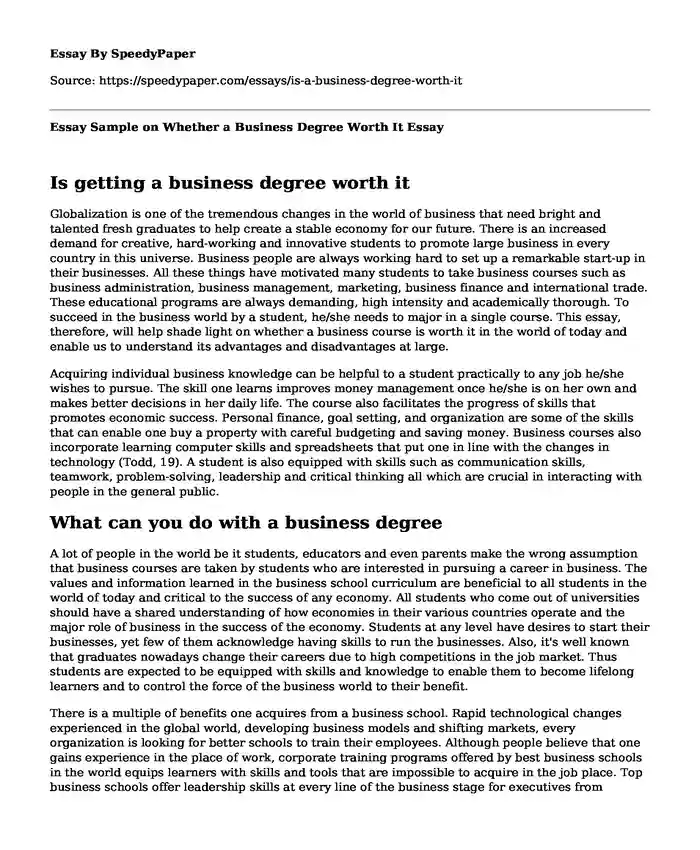 Essay Sample on Whether a Business Degree Worth It