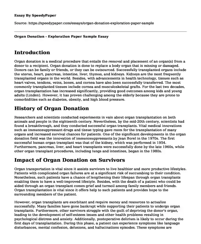 Organ Donation - Exploration Paper Sample