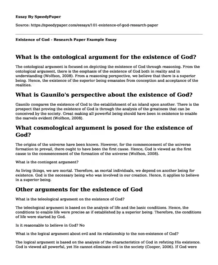 Existence of God - Research Paper Example