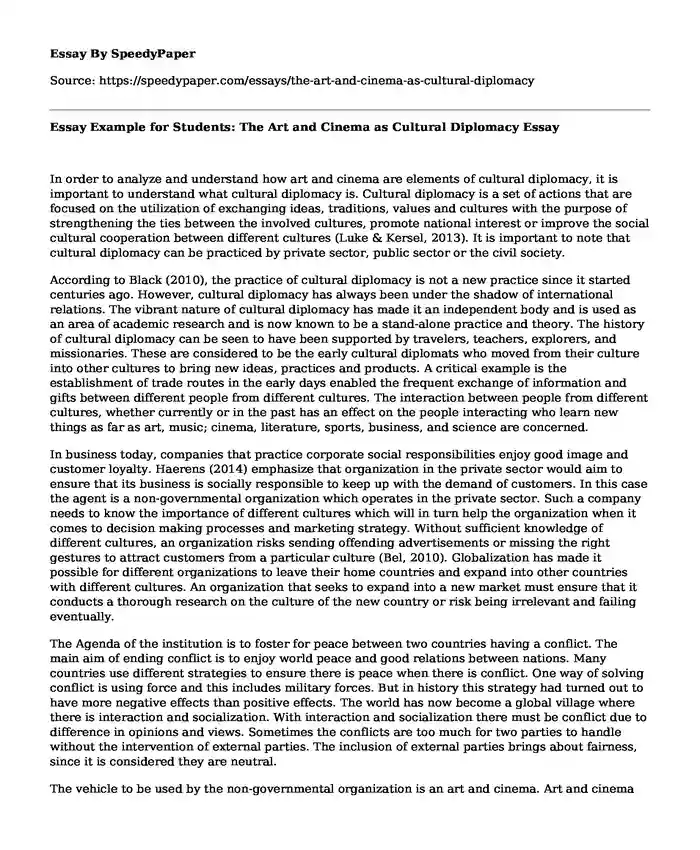 Essay Example for Students: The Art and Cinema as Cultural Diplomacy