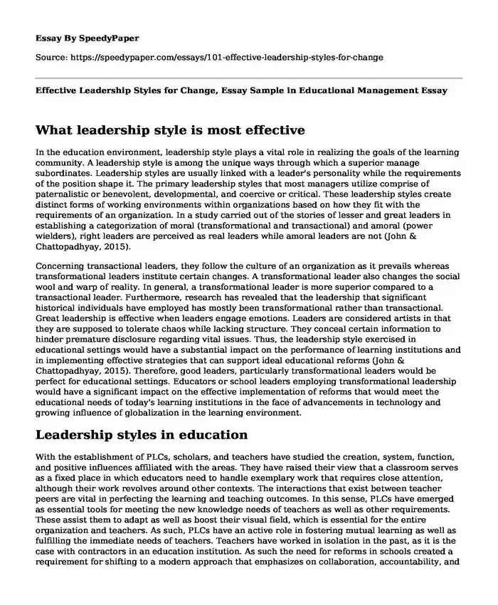 Effective Leadership Styles for Change, Essay Sample in Educational Management