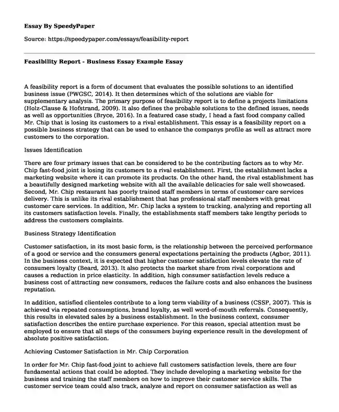 Feasibility Report - Business Essay Example
