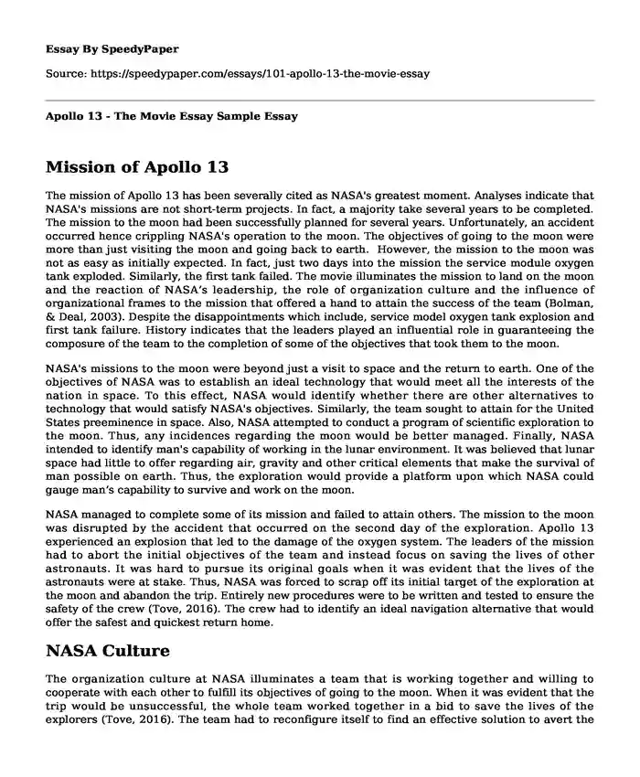 Apollo 13 - The Movie Essay Sample