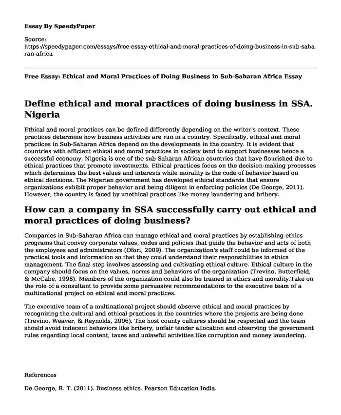 Free Essay: Ethical and Moral Practices of Doing Business in Sub-Saharan Africa