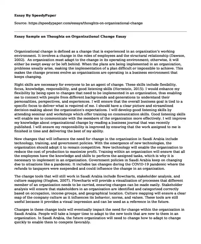 Essay Sample on Thoughts on Organizational Change