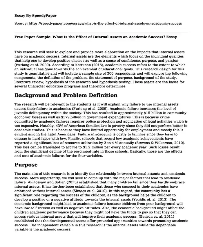 Free Paper Sample: What Is the Effect of Internal Assets on Academic Success?