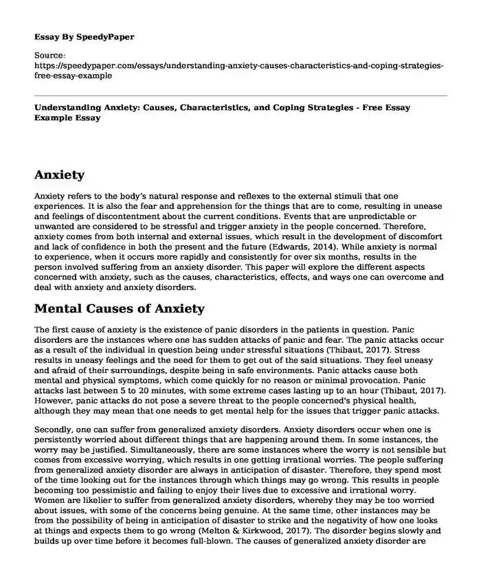 Understanding Anxiety: Causes, Characteristics, and Coping Strategies - Free Essay Example