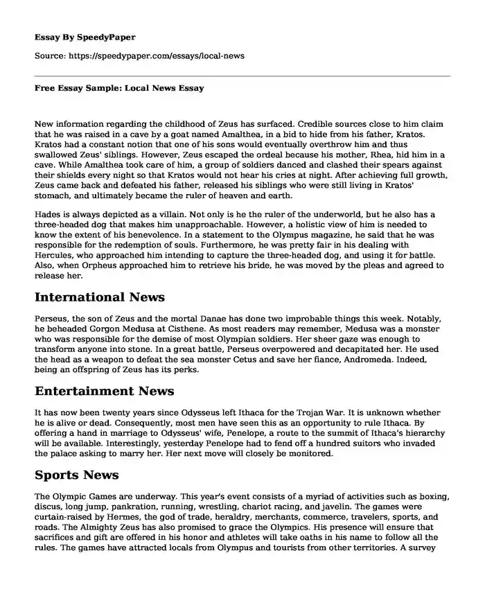 Free Essay Sample: Local News