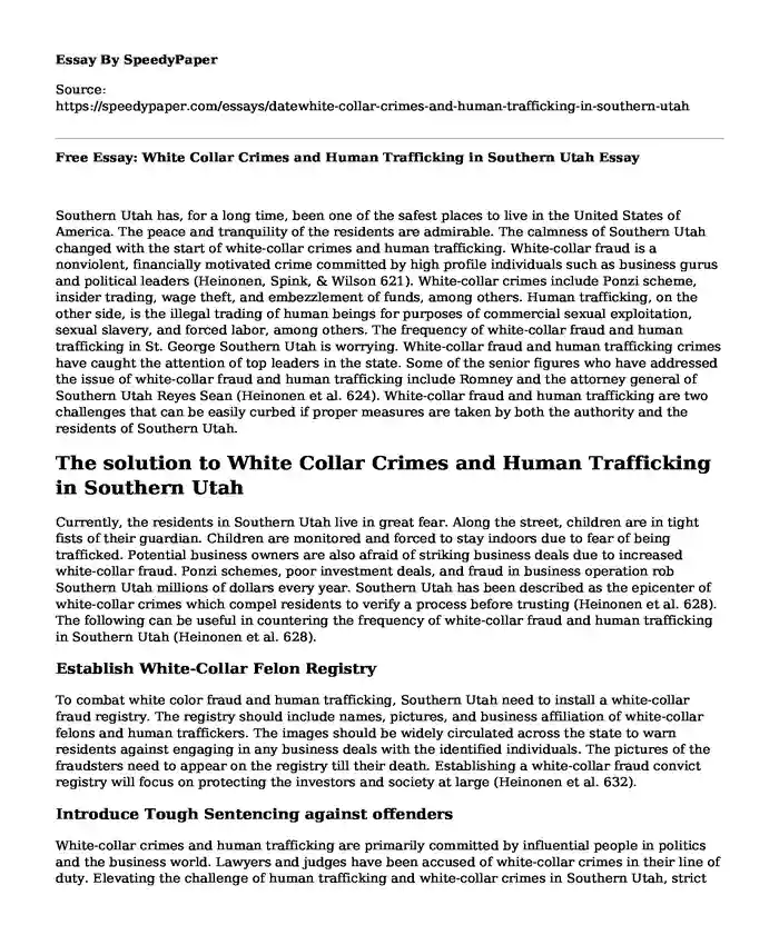 Free Essay: White Collar Crimes and Human Trafficking in Southern Utah