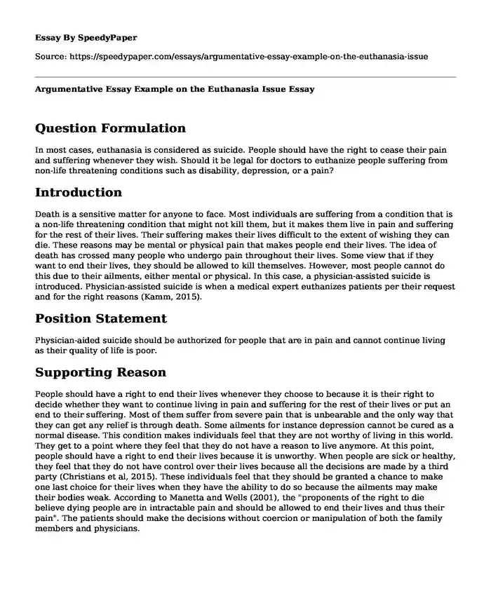 Argumentative Essay Example on the Euthanasia Issue