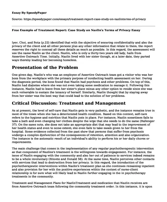 Free Example of Treatment Report: Case Study on Nazlin's Terms of Privacy