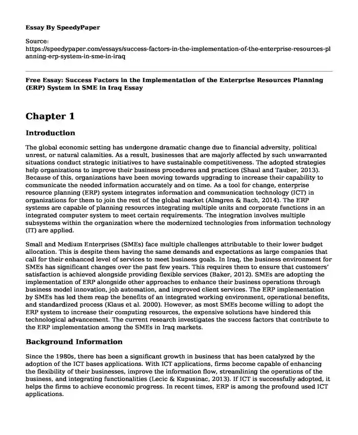 Free Essay: Success Factors in the Implementation of the Enterprise Resources Planning (ERP) System in SME in Iraq