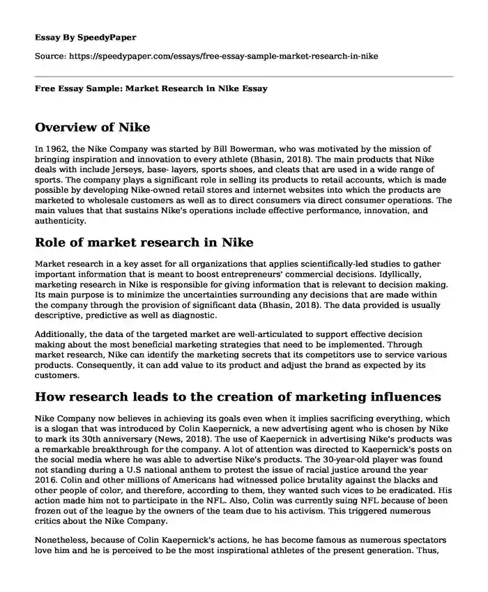 Free Essay Sample: Market Research in Nike