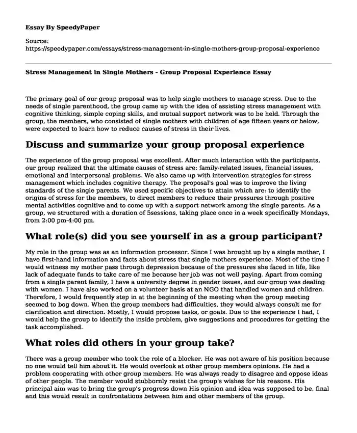Stress Management in Single Mothers - Group Proposal Experience