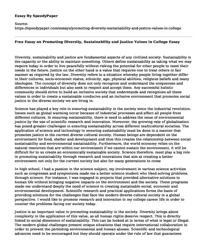 Free Essay on Promoting Diversity, Sustainability and Justice Values in College