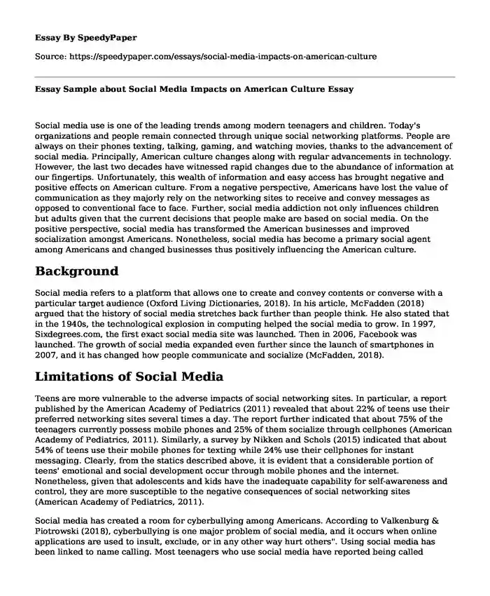 Essay Sample about Social Media Impacts on American Culture