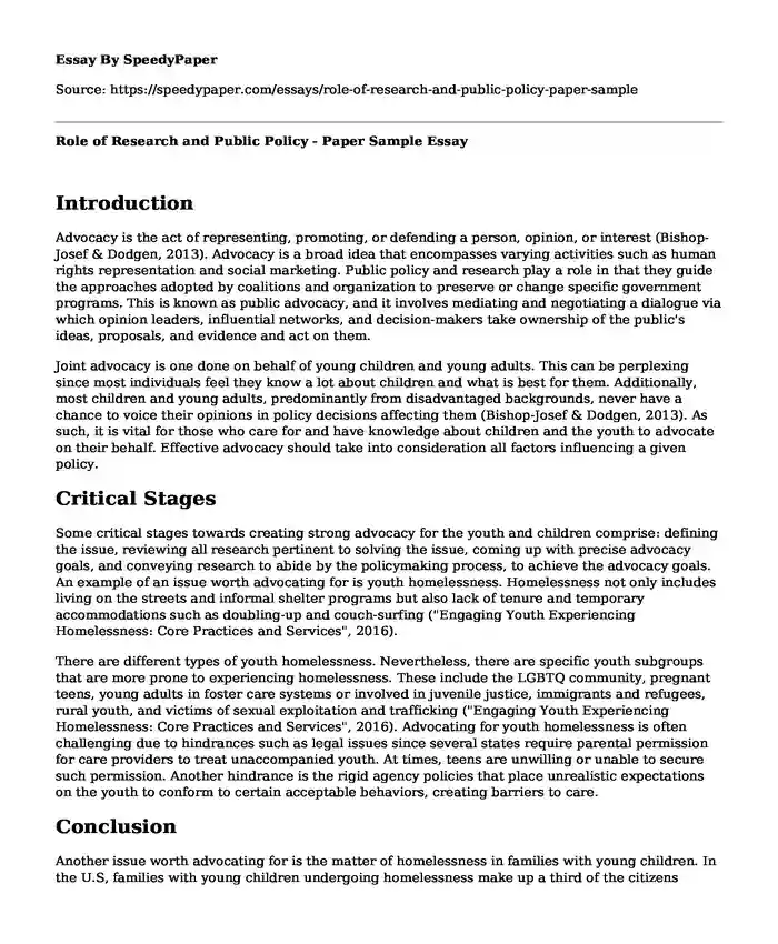 Role of Research and Public Policy - Paper Sample